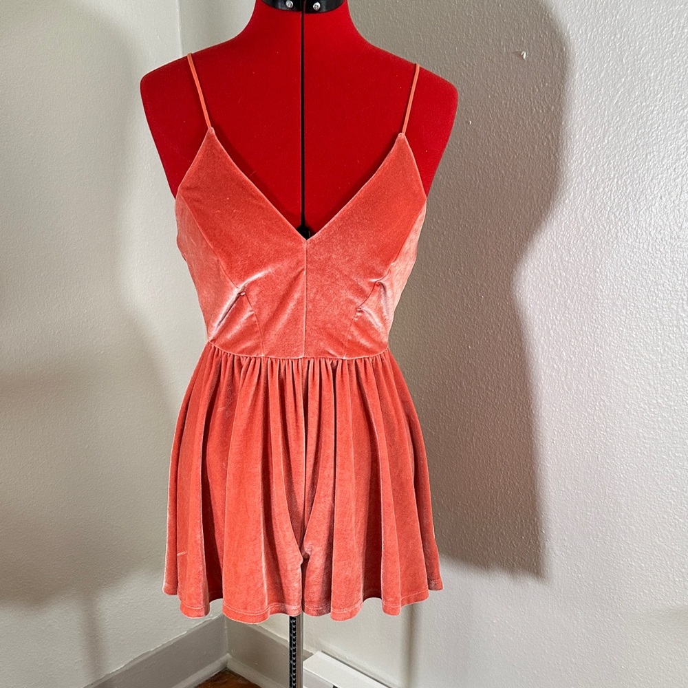 Peach Velvet Spaghetti Strap Romper